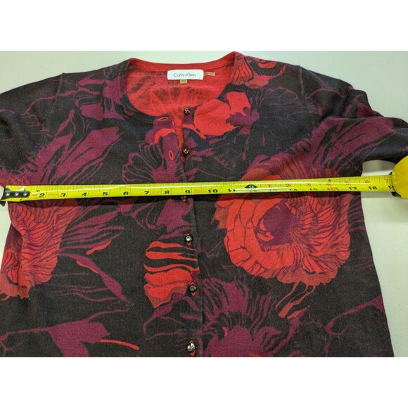 Calvin Klein Womens Cardigan Sweater PM Wool Blend Floral Dark Cottage Red Black - Picture 7 of 8